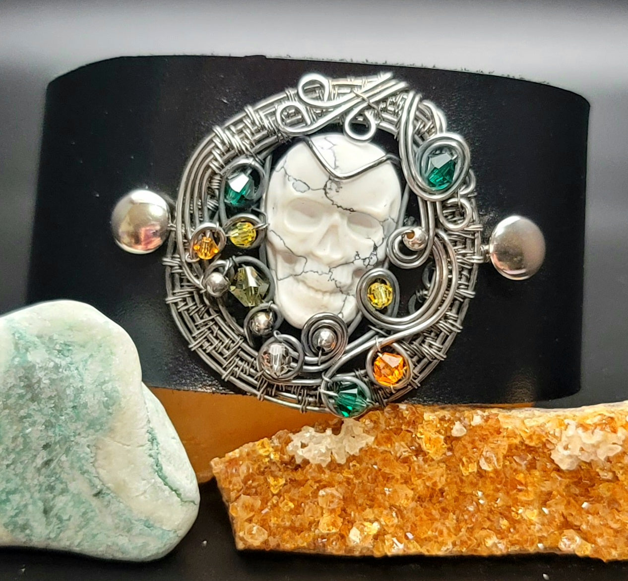 Howlite Skull Black Leather Cuff