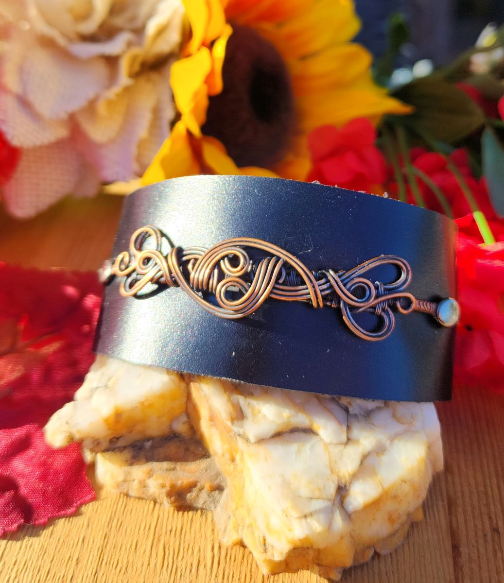Copper Swirls on Black Leather Cuff