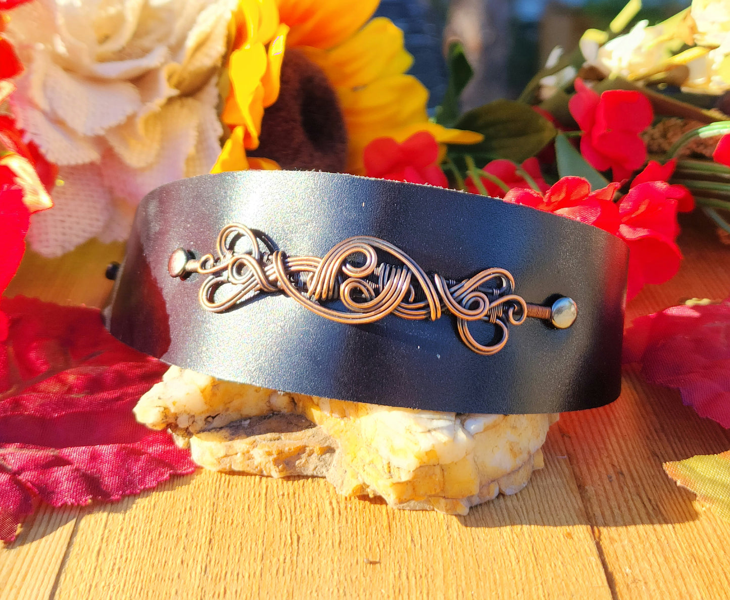 Copper Swirls on Black Leather Cuff