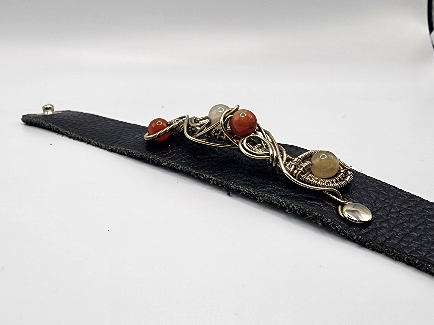 Golden Silk Jade and Silver Leather Cuff