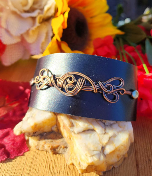 Copper Swirls on Black Leather Cuff
